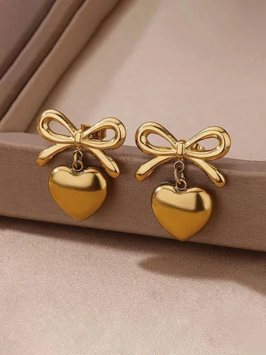 Bow Heart Dangler Earrings