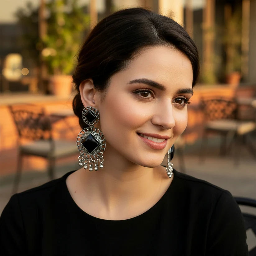Oxidized Silver Earrings – Vintage Charm Black Stone Design