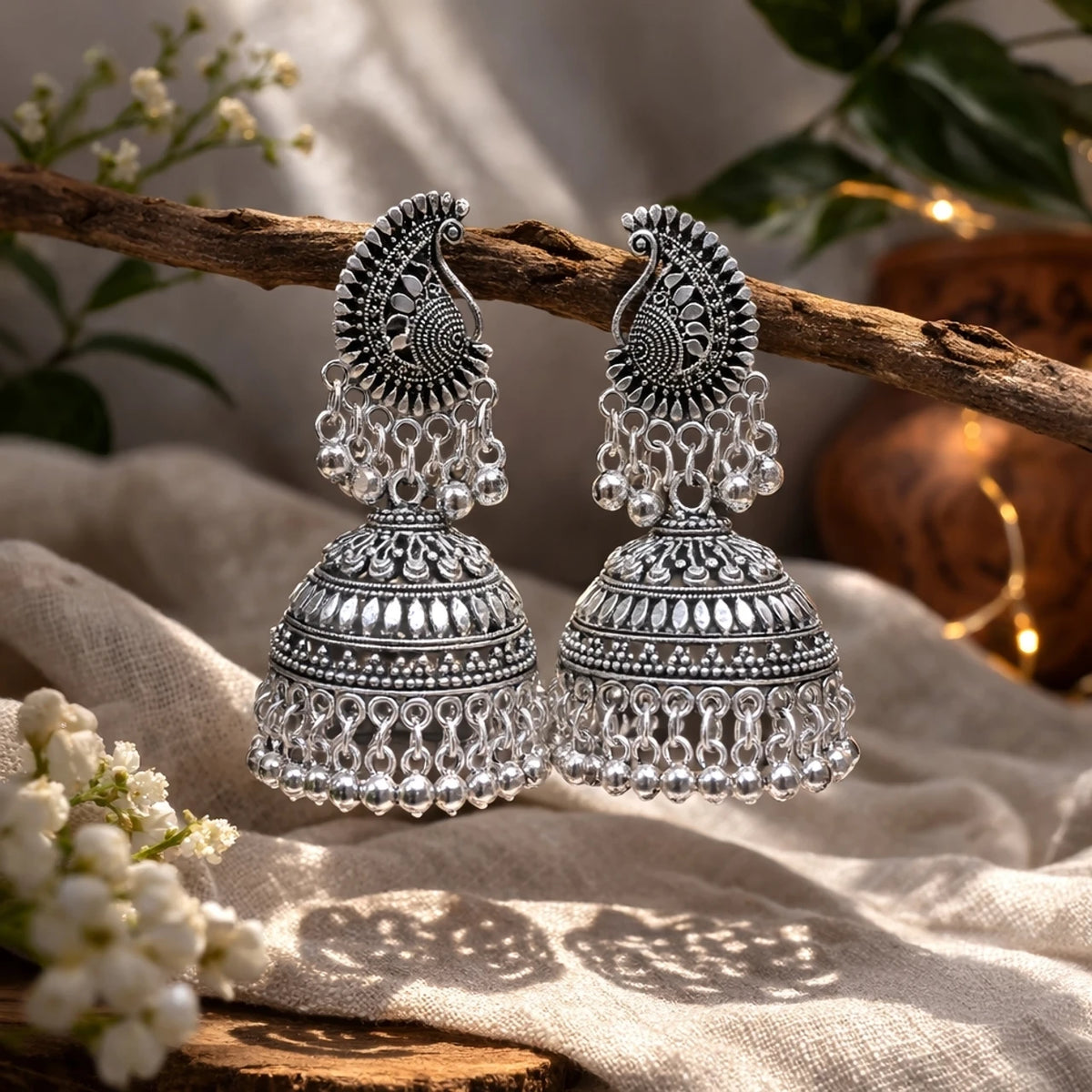 Oxidised silver peacock design Zeeva jhumka