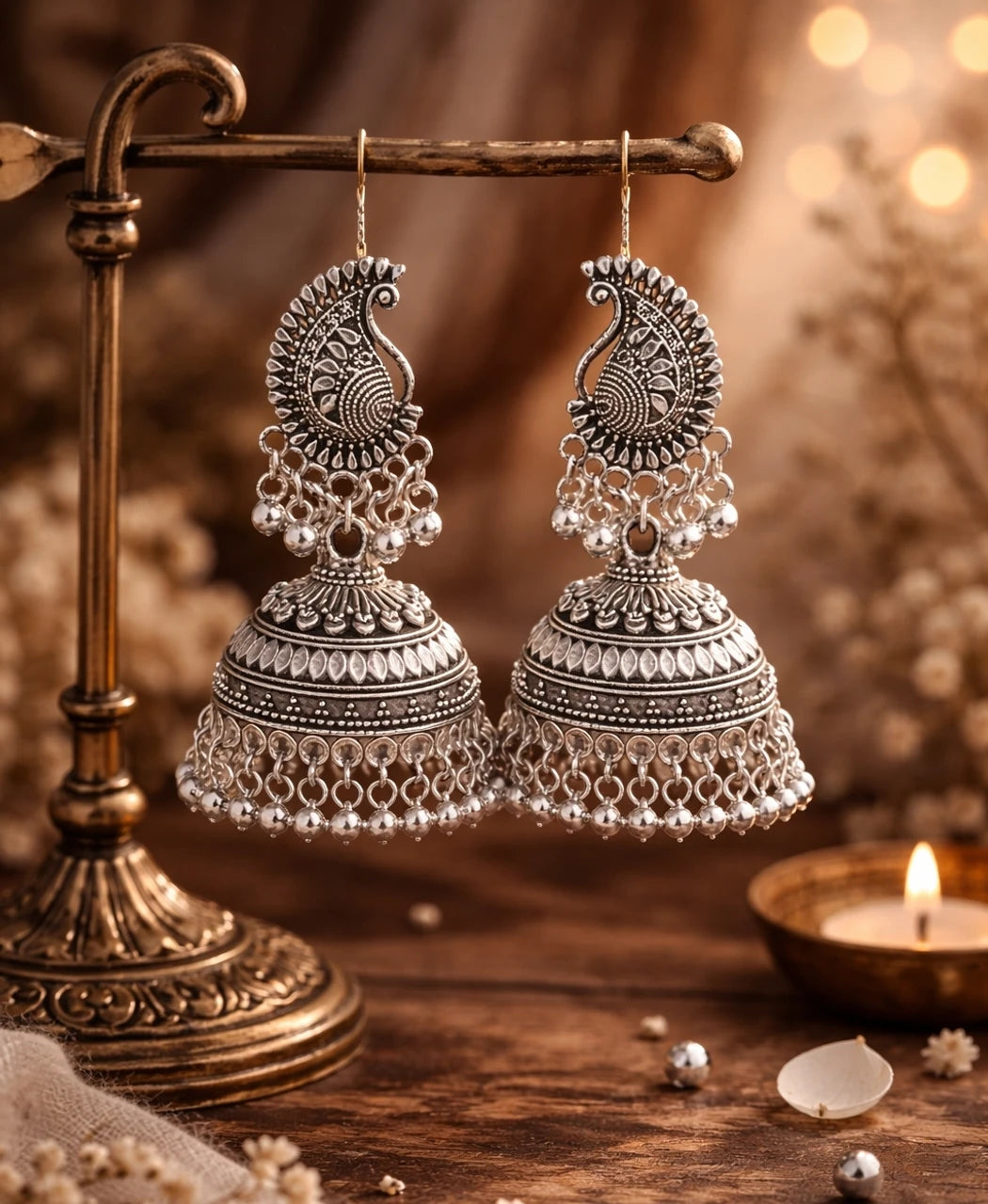 Oxidised silver peacock design Zeeva jhumka