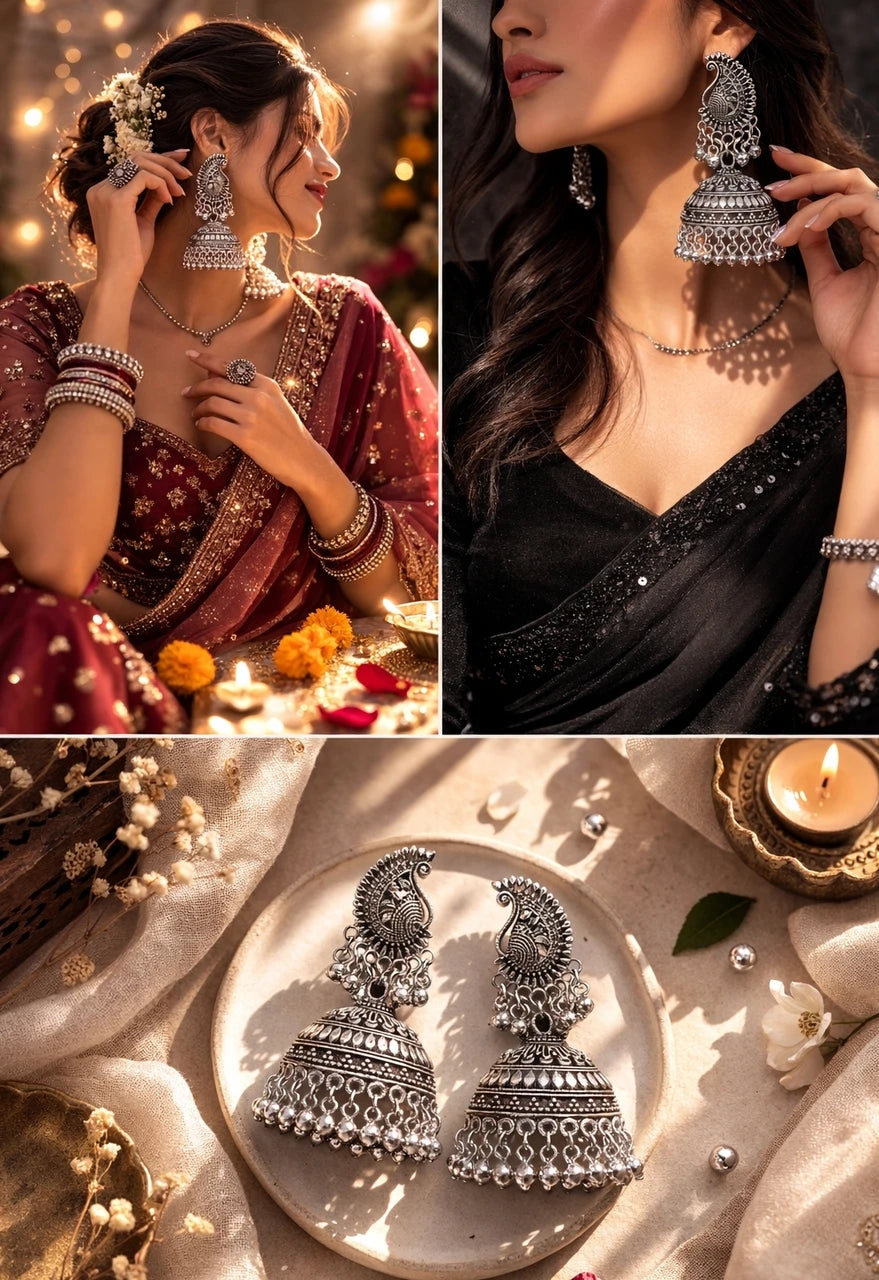 Oxidised silver peacock design Zeeva jhumka
