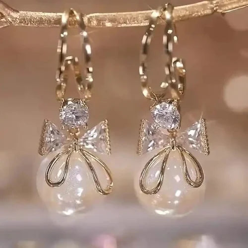 Golden Bow Pearl Drop Earrings