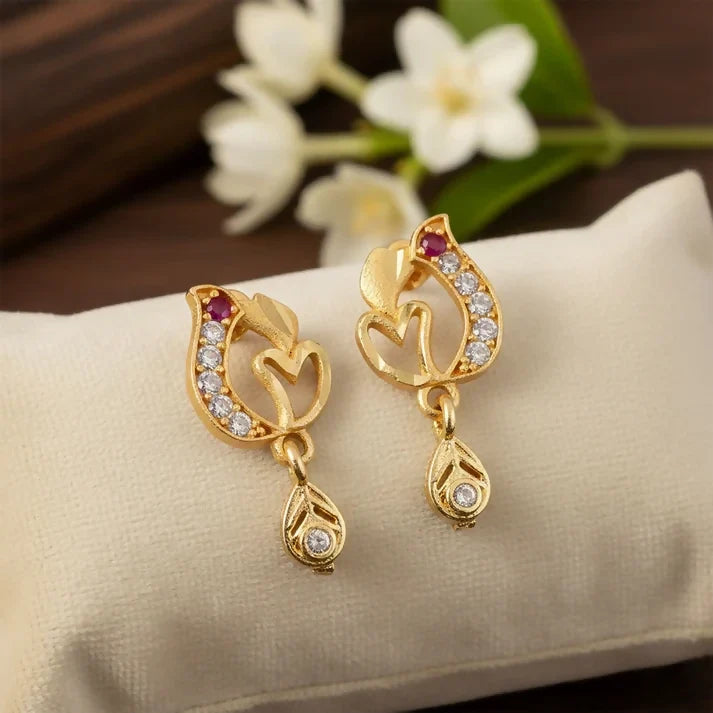Gold Heart Drop Earrings – Elegant Ruby & Crystal Accents