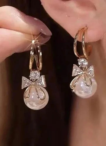 Golden Bow Pearl Drop Earrings